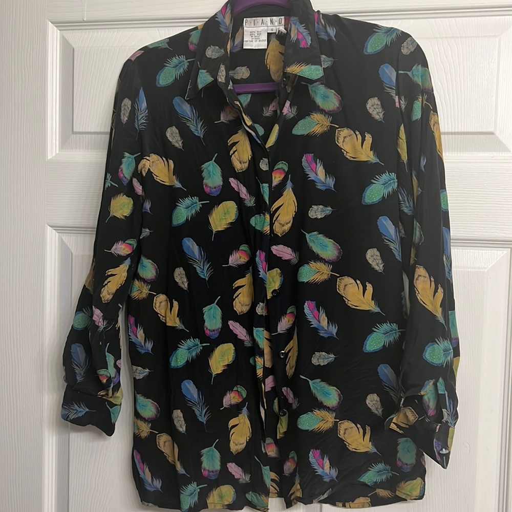 Vintage Piano Black Silk Blouse Size S 80s